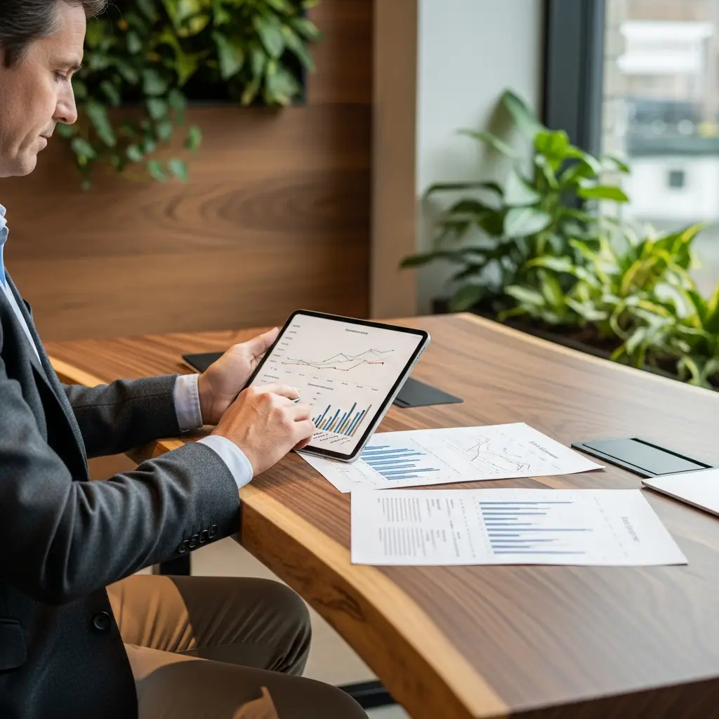 Consultor senior analiza gráficos en una tablet sobre mesa de madera en una oficina iluminada y natural.