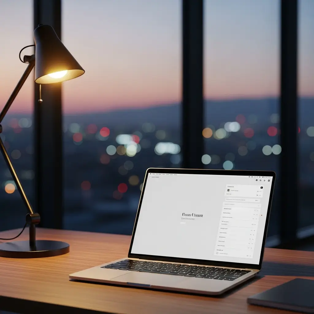 Laptop sobre escritorio de madera con chat de asistente virtual IA, luz cálida de oficina y luces de ciudad al fondo.