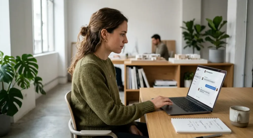 Especialista en estrategia digital analiza un chat conversacional en su laptop dentro de una oficina moderna y luminosa.