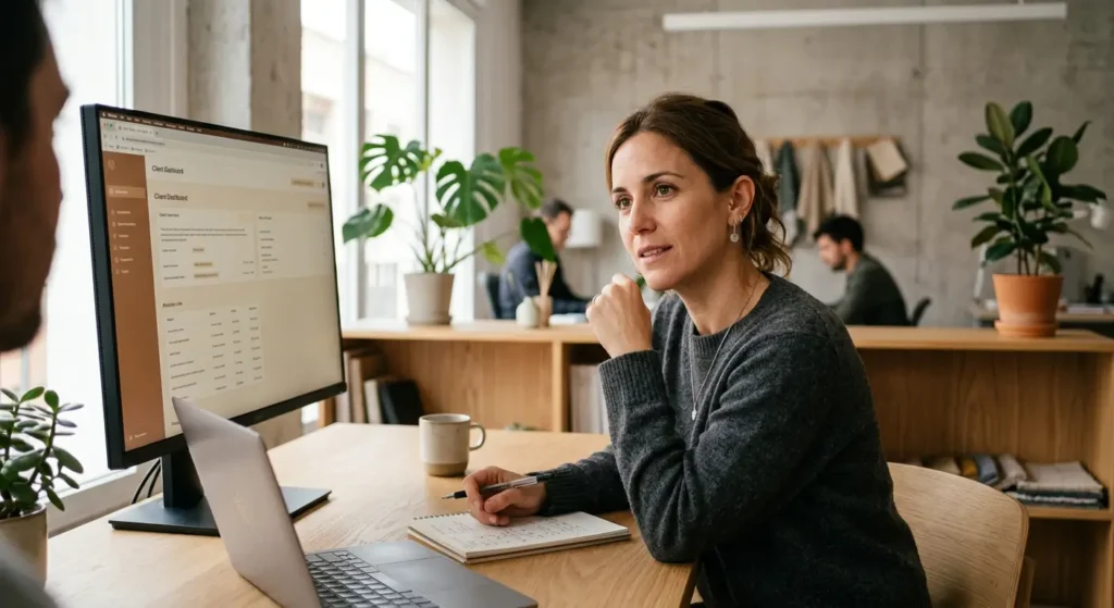 Estratega digital inclinada hacia una pantalla con expresión atenta y empática en un estudio de diseño minimalista.