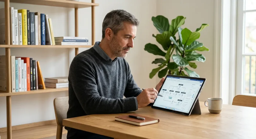 Consultor con jersey de cashmere analizando un flujo de trabajo en su tablet en un estudio luminoso con plantas.