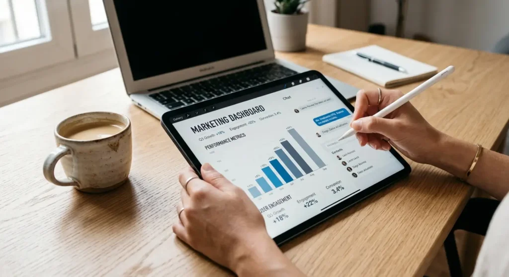 Manos de estratega digital analizando dashboard y chat en tablet sobre escritorio de roble con luz suave.
