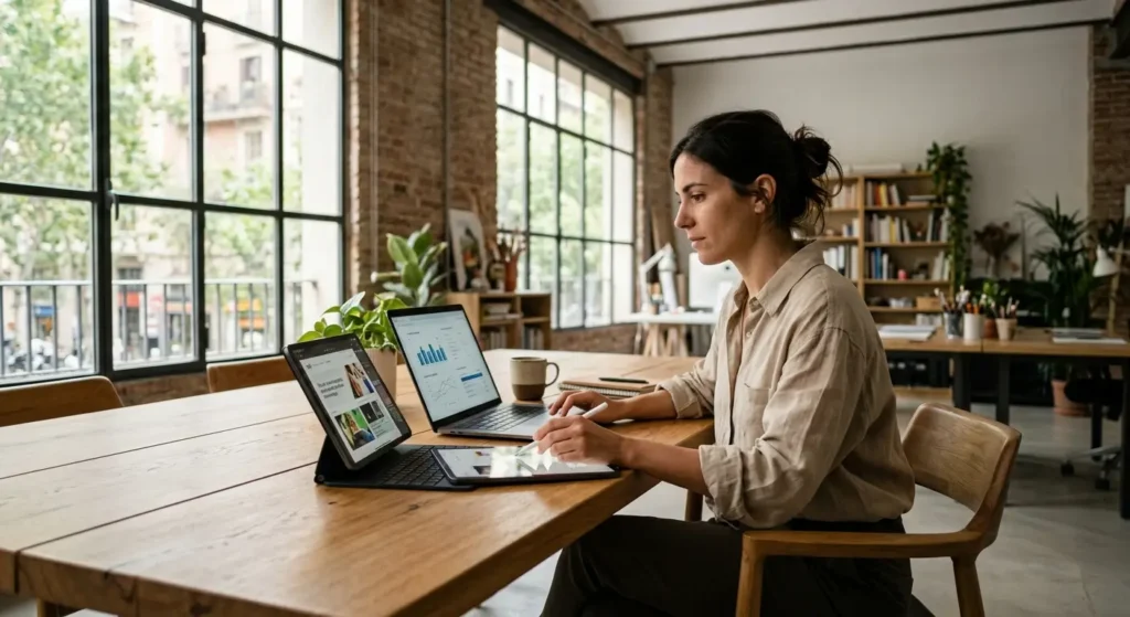Profesional en un estudio creativo usando tablet y portátil para gestionar una estrategia de IA omnicanal de forma fluida.