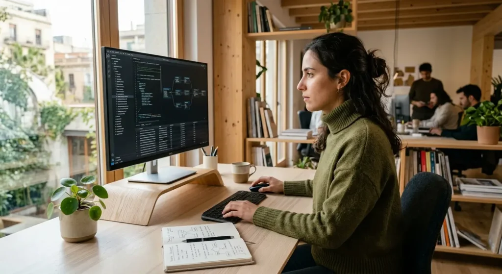 Analista revisando flujos lógicos y estructuras de datos en un monitor moderno dentro de un estudio cálido e iluminado.