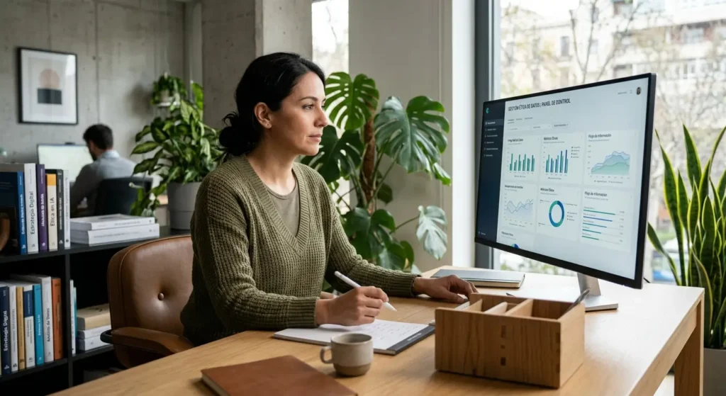 Estratega digital revisa una interfaz de datos en una oficina moderna, simbolizando el cumplimiento legal y ético de la IA.
