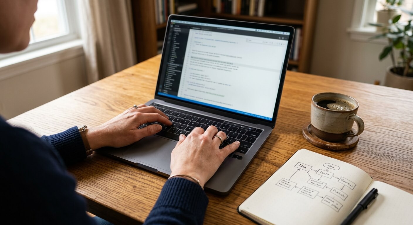 Manos de un profesional tecleando en su portátil junto a un café y cuaderno con diagramas de flujo.
