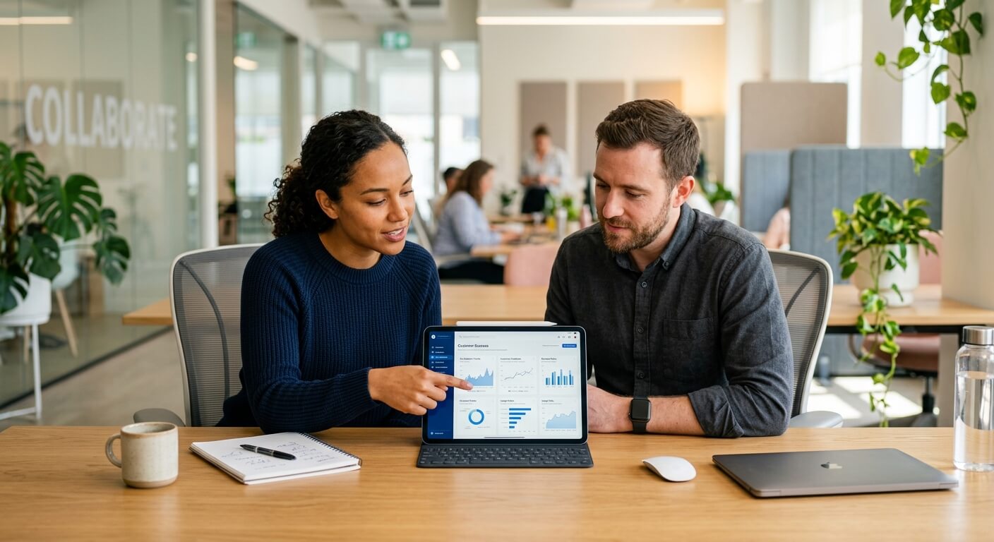 Especialistas en experiencia de cliente colaboran analizando datos en una tableta dentro de una oficina.